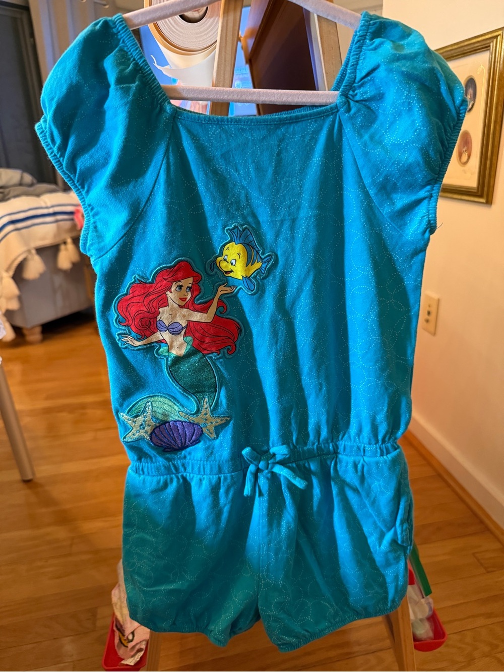 Disney Collection Ariel Little Mermaid Romper Girls SZ 5/6 Blue Appliqué Summer